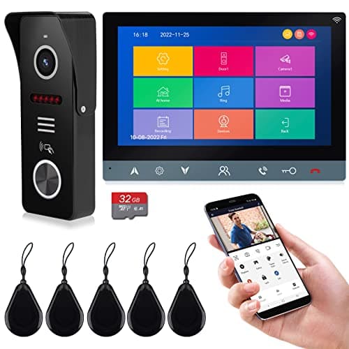 Wireless Video Intercom System, WiFi 7 Inch Monitor and 32G MicroSD Card with AHD 2MP Metal Door Camera (Wired Power), Record, 2-Way Audio, Weatherproof Video Doorbell, Tuya APP/IC Card Unlock