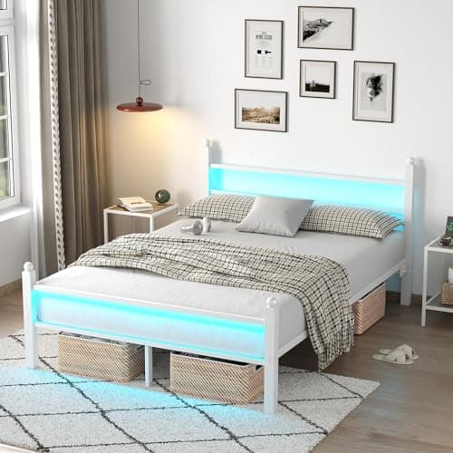 CollaredEagle Full Bed Frame with Headboard and Footboard, Metal Bed Frame with Charging Station and LED Lights, Under Bed Storage, No Box Spring Needed,Noise Free, White