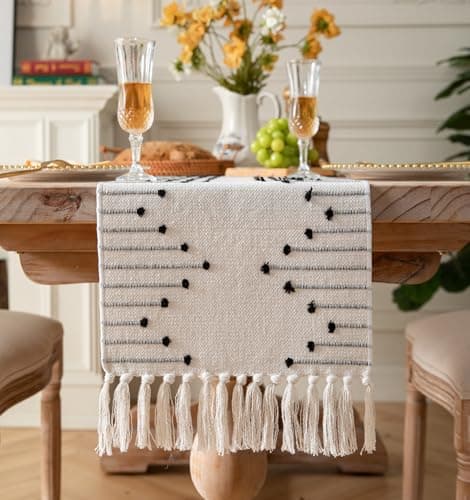 Boho Table Runner 13 x 90 Inch Long Natural Cotton Woven Runner with Tassels for Home Dining Table décor, for Modern Farmhouse Decor Coffee Table Runner, Black and Beige