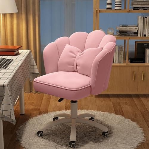 XUEGW Petal Desk Chair with Bow Cushion Velvet Vanity Chair with Wheels, Upholstered Home Office Chair for Girls Women, Mid-Back Swivel Computer Task Chairs for Living Room Bedroom