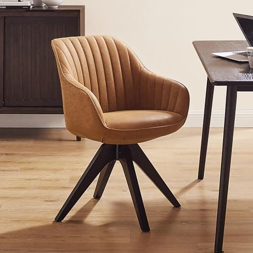 Art Leon Office Chair No Wheels, Mid Century Modern Desk Chair, Swivel Accent Chair with Oak Wood Legs, Faux Leather Upholstered Armchair for Desk, Brown