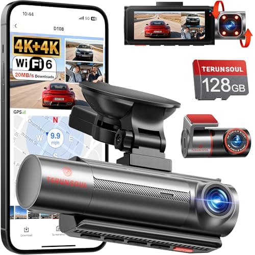 TERUNSOUl 4K+4K+1080P Dash Cam Front and Rear with Cabin, Free 128GB Card Included, WiFi 6 - up to 20MB/s, IR Night Vision, Built-in GPS, G-Sensor, 170°Wide Angle, 24H Parking Mode, Support 512GB Max