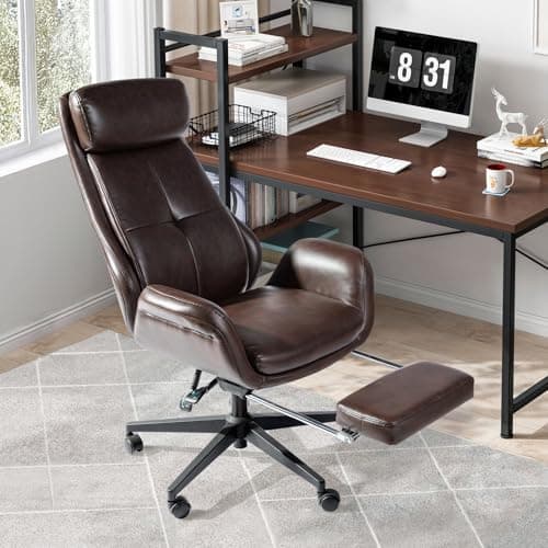 Glitzhome Mid-Century Modern Office Chair, Ergonomic Office Chairs with Footrest, Leather Desk Chair with Armrest Lumbar Support Stylish Quilted Backrest Gaslift Swivel Computer Chair, Coffee