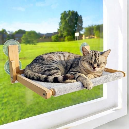GesomePurrz Foldable Cat Window Perch, Natural Wood, 16.5''×12'' Hammock, 35 lbs Weight Limit, Cat Window Hammock for Small Size Windows