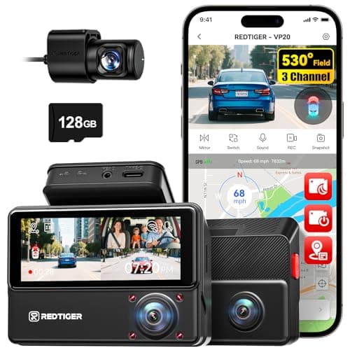 REDTIGER 530° Dash Cam 3 Channel, 2.5K+2.5K+1080P Triple Car Camera with 128GB Card, IR Night Vision, Touch Screen, Dashcam for Front Inside Rear Included WiFi GPS, 24H Parking Mode