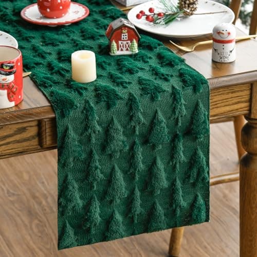 Artoid Mode Green Christmas Trees Soft Plush Faux Fur Jacquard Christmas Table Runner, Holiday Kitchen Dining Table Decoration for Home Party Decor 13x72 Inch