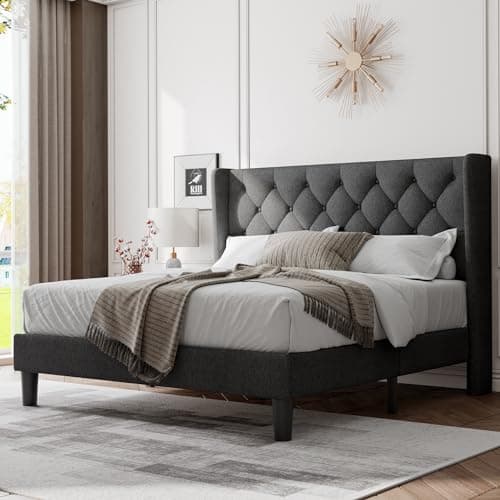 Feonase Queen Size Bed Frame with Diamond Tufted Wingback Headboard, Morden Upholstered Platform Bed, Sturdy Wooden Slats Support, Noise-Free, No Box Spring Needed, Easy Assembly, Dark Gray