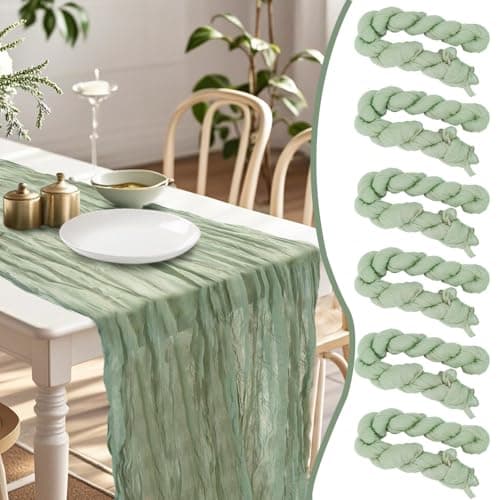 AlaTyche 6 Pack Cheesecloth Table Runner - 35 x 120 Inch Sage Green Gauze Rustic Table Runner for Baby Showers, Weddings, Birthday Parties