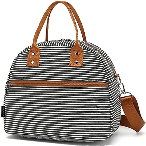 FlowFly Insulated Lunch Bag With Shoulder Strap for Women, Men, and Kids, Large and Reusable, Handle, Freezable Work and School Travel Tote and Meal Prep Organizer,White and Black Stripes