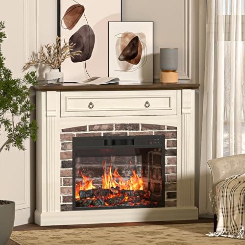 OUTGUAVA Electric Fireplace with Mantel, Corner Fireplace TV Stand, Entertainment Center with Hidden Drawer, Electric Fireplace Heater with Realistic Stacked Stone Surround for Living Room (White)