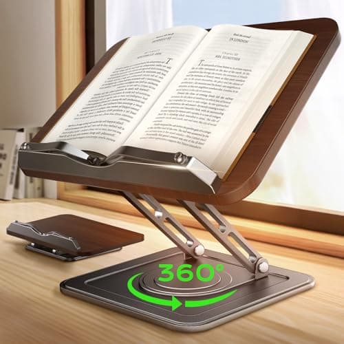 Book Stand for Reading, Adjustable Book Holder with 360°Rotating Bases, Ergonomic Cookbook Stand Recipe Book Holder with Elastic Page Clips for Magazines, Tablets, Laptops,Black