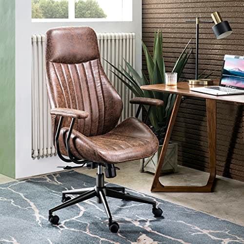 ovios Ergonomic Office Chair, High Back Faux Leather Executive Chairs with Armrests, Comfy Mid-Century Modern Swivel Rolling Computer Armchair (Dark Brown, Suede Leather)