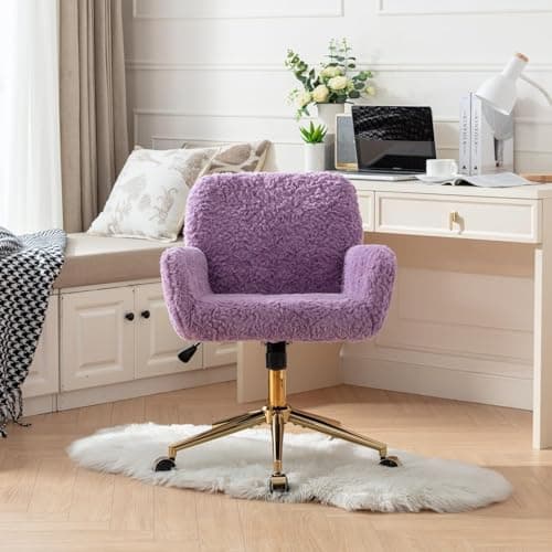 Henf Purple Faux Fur Upholstered Desk Chair Makeup Vanity Chair for Girls,Swivel Office Chair with Gold Base,Height Adjustable Tiltable Computer Chair,Cute Desk Chair for Kids