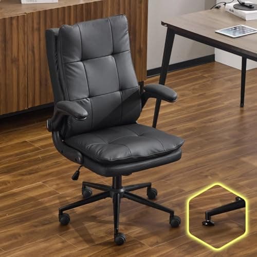 VINGLI Comfy Black Leather Office Desk Chair,Ergonomic High-Back Support Computer Gaming Chair with/No Wheels,Dual-Base,Adjustable Height,Flip-Up Arms,360° Swivel Rolling Task Chair for Home Office
