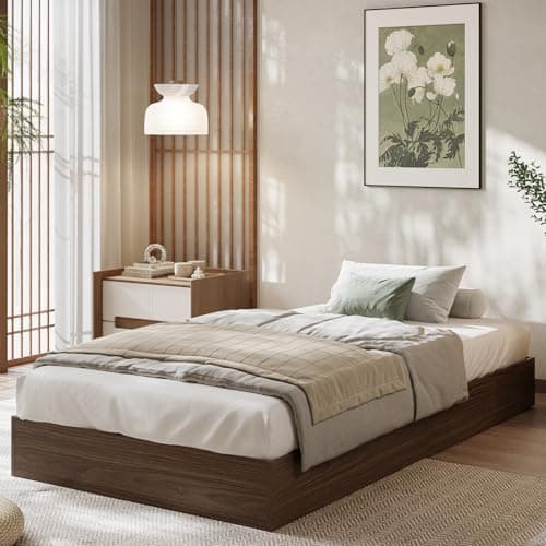 SunnyFurn Wood Platform Bed with Sturdy Wooden Slats, Twin Size Floor-Standing Bed Frame, Modern Minimalist Design Space-Saving Bed Frame, No Box Spring Needed, Easy Assembly