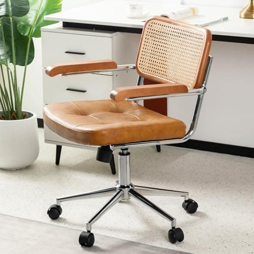 BALIAA Rattan Office Chairs, Modern Rattan Desk Chair with Natural Back & Wood Armrest, Small Upholstered Tufted Leather Home Office Desk Chairs for Home Ofice, Bedroom, Study, Brown