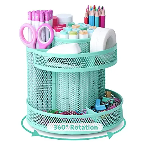 POPRUN Cute aqua spinning desk organizers and accessories,rotating teal office supplies,pen and pencil holder Marker Organizer for School, Home and Office desk, For Christmas