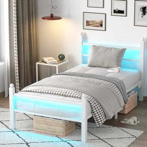 CollaredEagle Twin Bed Frame with Headboard and Footboard, Metal Bed Frame with Charging Station and LED Lights, Under Bed Storage, No Box Spring Needed,Noise Free,White