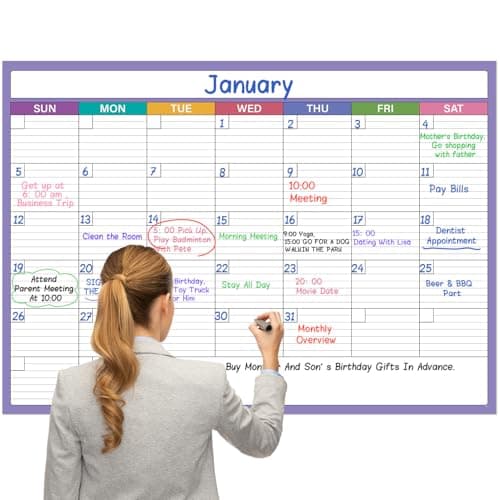 Large Dry Erase Calendar for Wall - 40" x 28", Erasable & Reusable Laminated Calendar, Undated 1 Month Wall Calendar, 10 Round Stickers