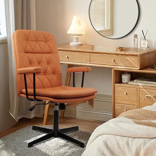 CLATINA Office Chair No Wheels, Leather Criss Cross Desk Chairs with Arms, Modern Cross Legged Computer Chair, Mid Back Height Adjustable Swivel Task Vanity Chair for Home Office, Orange