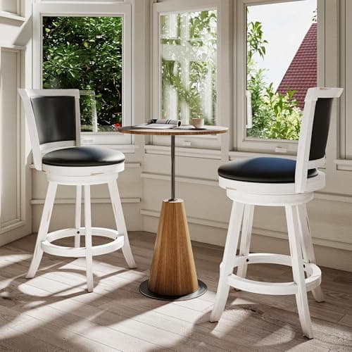 Betterhood 24" Counter Height Swivel Bar Stools, High Back Bar Stools with Faux Leather Upholstered Seat & Solid Wood Footrest, Counter Island Chairs for Kitchen Island & Pub (Antique White, Set of 2)