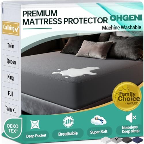 Ohgeni 100% Waterproof Mattress Protector, California King Grey Size, Fitted Sheet with Deep Pockets, 6''-18'', Premium Noiseless Breathable Soft Material, Mattresses Cover for Bed