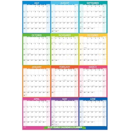 2026-2027 Yearly Wall Calendar - 2026-2027 Calendar, July 2026 - June 2027, Yearly Calendar/Planner, 34.3" x 22.8"(Open), Wall Calendars 26-27 with Double-Sided Round Sticks - Colorful