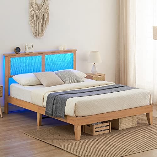 coucheta 12.4 Inch Solid Wood Full Bed Frame with Natural Rattan Headboard, Platform Full Size Bed Frame with LED Lights, Mattress Foundation, Noise-Free, No Box Spring Needed, Easy Assembly