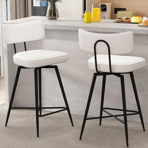 GXJ Bar Stools Set of 2, Kitchen Counter stools with Backs and Metal Legs, 26" Swivel Barstools for Counter Height, Faux Leather in White