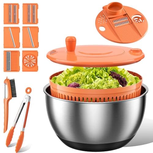 EMOJOY Stainless Steel Salad Spinner Large, 3-in-1 Vegetable Wash Bowl, Salad Bowl & Lettuce Spinner, Fruit Cleaner with Non-Slip Base, Dishwasher Safe, 5 Blade Slicer & Egg Yolk Separator, 4.25Qt