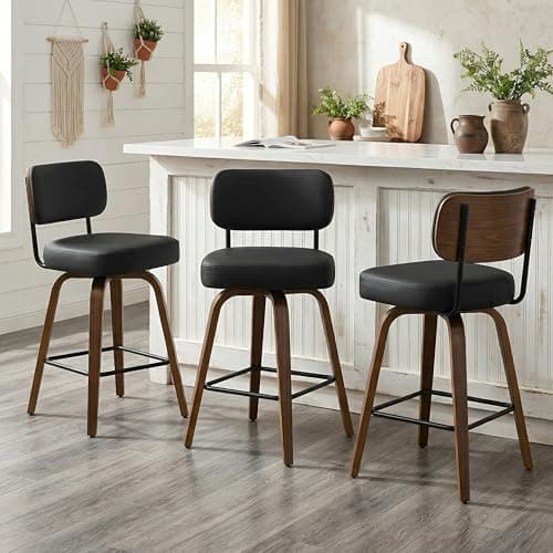 Arvasslia Swivel Bar Stools Set of 3, 26" Upholstered Counter Height Bar Stools with Back and Walnut Wood Legs, Faux Leather Barstools for Kitchen Counter, Black