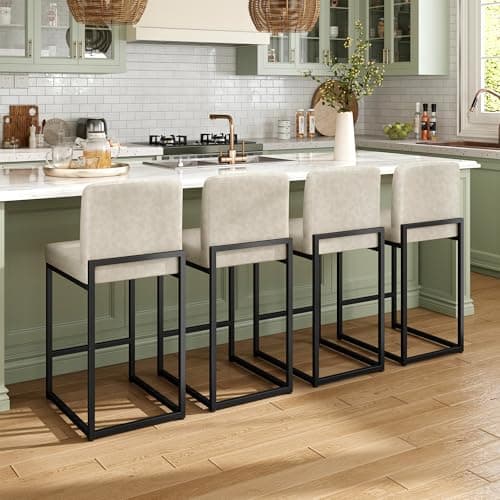 MAISON ARTS Bar Stools Set of 4, 24 Inch Counter Height Barstools with Back, Modern Upholstered Faux Leather Bar Chairs for Kitchen Island & Home Bar, Metal Steel Frame, Support 330LBS, Light Grey