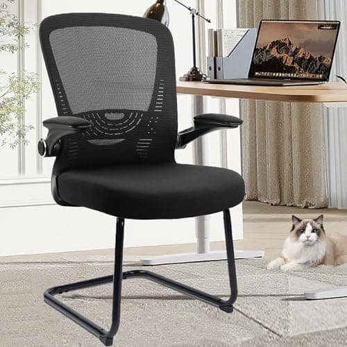 CLATINA Waiting Room Chairs with Flip Up Arms and Adjustable Lumbar Support, Office Guest Chairs & Reception Chair for Conference Room, Breathable Mesh Black Desk Chair No Wheels for Elderly