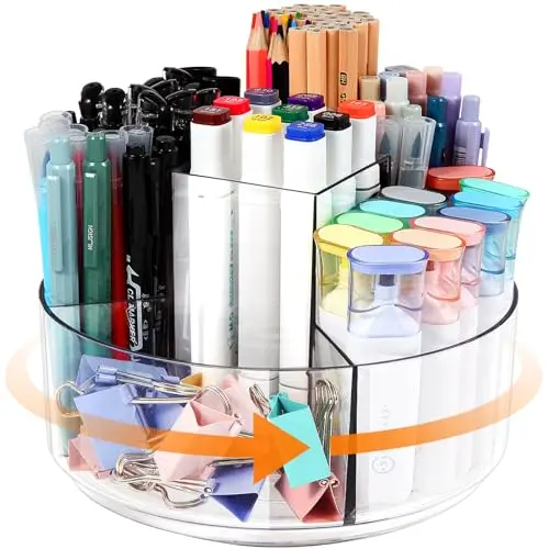 Hiborateed Rotating Pencil Holder for Desk, 5 Slots 360-Degree Spinning Acrylic Pen Holder for Desk, Marker Holder Caddy Art Supply Organizer Pen Organizer for Office Home School