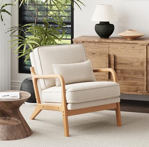 MALOL Mid-Century Accent Chair with Solid Wood Frame, Reading Relaxing Armchair Lumbar Pillow& Soft Cushion, Leisure Chair for Living Room, Bedroom, Waiting Room-Beige