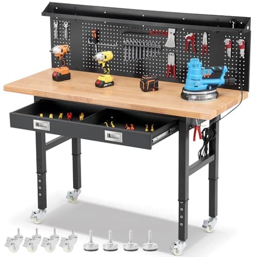ENJOYWOOD 60" x 22'' Garage Workbench with Wheels Adjustable Height Rubberwood Work Table with Drawers, Pegboard, Power Outlets & LED Light Heavy Duty Rolling Workbench for Workshop & Home