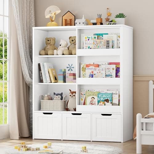 FOTOSOK Toy Storage Organizer with Sliding Book Shelf, Toy Organizers and Storage with 3 Movable Drawers and 6 Storage Cubbies, Playroom Organization and Storage Kids Bookshelf for Playroom, Bedroom