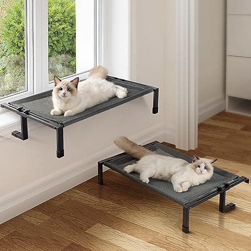 JUNSPOW Cat Window Perch Cat Hammock for Large Pets Free-Standing Kitty Sleeping Bed Sturdy Adjustable Easy Assemble Metal Kitten Shelves for Windowsill, Floor, Bedside, Cabinet Holds Up to 45 lbs