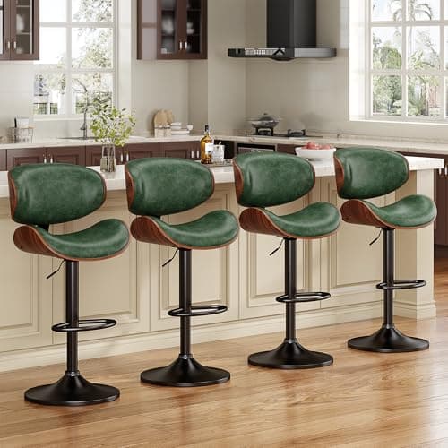 YaFiti Bar Stools Set of 4, Bentwood Adjustable Height Swivel Bar Stools, PU Leather Upholstered Bar Chair with Back and Footrest for Bar, Kitchen, Green