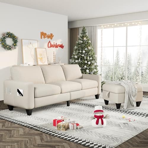 Lonkwa 78'' Convertible Sectional Sofa Couch, Beige 3 Seat L-Shaped Couch with Storage Ottoman, Modern Linen Fabric Couches for Living Room, Apartment, Office, Small Space