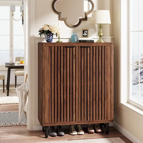 Tribesigns 6-Tier Shoe Cabinet with Shutter Doors, Large Wooden Shoe Organizer Rack with Adjustable Shelves, Modern Farmhouse Hidden Storage Furniture for Entryway, Hallway (Walnut)