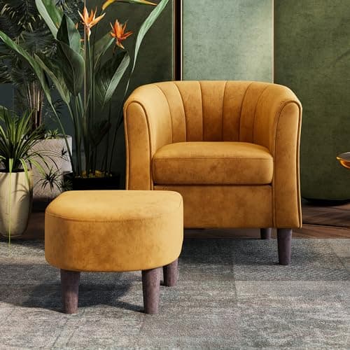 LINSY Accent Chair with Ottoman, Modern Barrel Chair Comfy Armchair Reading Chair with Footrest, Round Arms Chair for Living Room Bedroom Reading Room, Velvet, Yellow