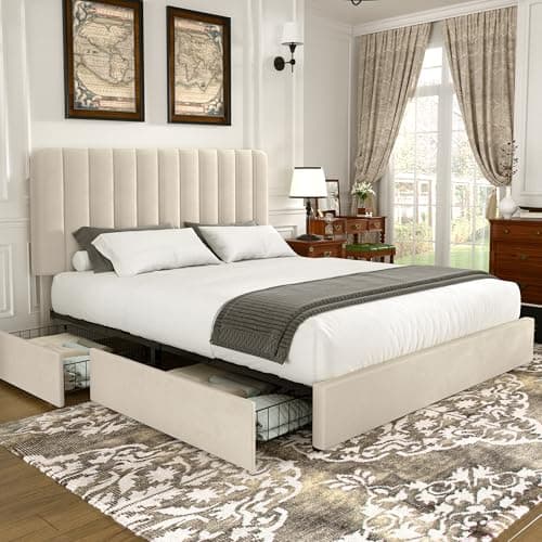 VECELO Full Size Upholstered Bed Frame with 4 Drawers and Headboard, Velvet Platform Storage Bedframe, Wooden Slats Support, No Box Spring Needed,Beige