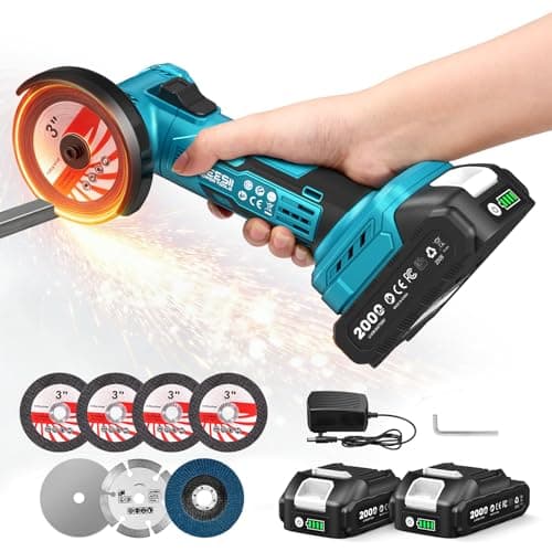 SEESII Cordless Mini Angle Grinder: 3-Inch Brushless Angle Grinder 19000 RPM with 2pcs 21V 2.0Ah Batteries, 7pcs Cutting Discs, 210W Power Electric Grinder Tool for Metal Wood Polishing Rust Removal