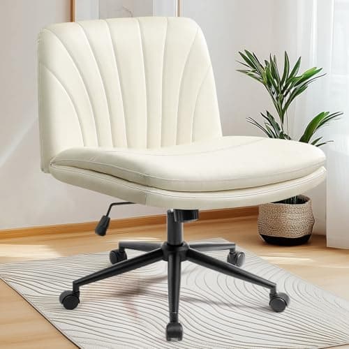 NEO Chair Criss Cross Chair with Wheels Armless Cross Legged Office Desk Wide Comfy Vanity Makeup Chair Adjustable Swivel Rolling Computer for Home Office PU Leather (Beige)