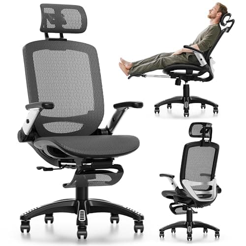 GABRYLLY Ergonomic Office Chair with Footrest, High Back Home Desk Chair - 3D Headrest, Flip-Up Arms, 135° Tilt and Wide Cushion, Heavy Duty Mesh Chairs for Task Computer Gaming,GYB01-FT