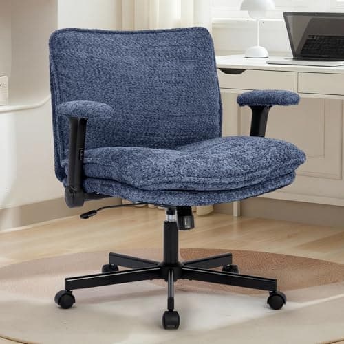 Kassipo Criss Cross Legged Office Chair with Wheels and Flip-Up Arms, Upholstered Criss Cross Desk Chair, Wide Seat Chairs for Home Office, Vanity, Apartment, Navy Blue