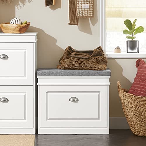 Haotian Shoe Storage Bench, Small Shoe Cabinet for Entryway, Narrow Shoe Rack with 1 Flip-Drawer and Seat Cushion, White, FSR82-K-W