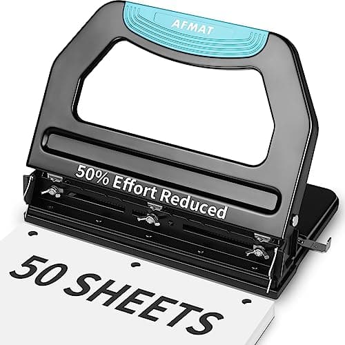 AFMAT 3 Hole Punch Heavy Duty, 9/32" Holes, 50-Sheet Hole Puncher 3 Ring, 50% Reduced Effort, Adjustable Two & Three Hole Punch, Metal Paper Puncher w/Large Chip Tray, Metal Paper Guide, Black, HP18