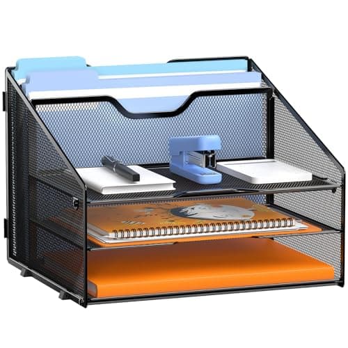 GAWERK Letter Tray Organizer, Mesh Desk File Organizer with 3 Paper Trays and 2 Vertical Upright Section, Blank
